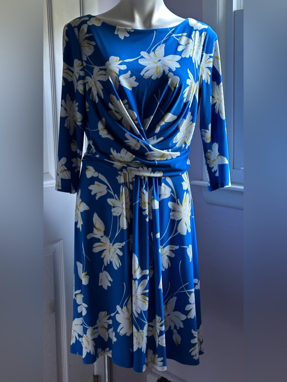TOMMY HILFIRGLE Blue & White Floral Draped Midi 3/4th Sleeves Dress Sz 12